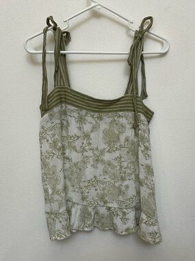 Mine Dark Green, Cream Tropical Print Bow Tie Sleeves Tank Size Small